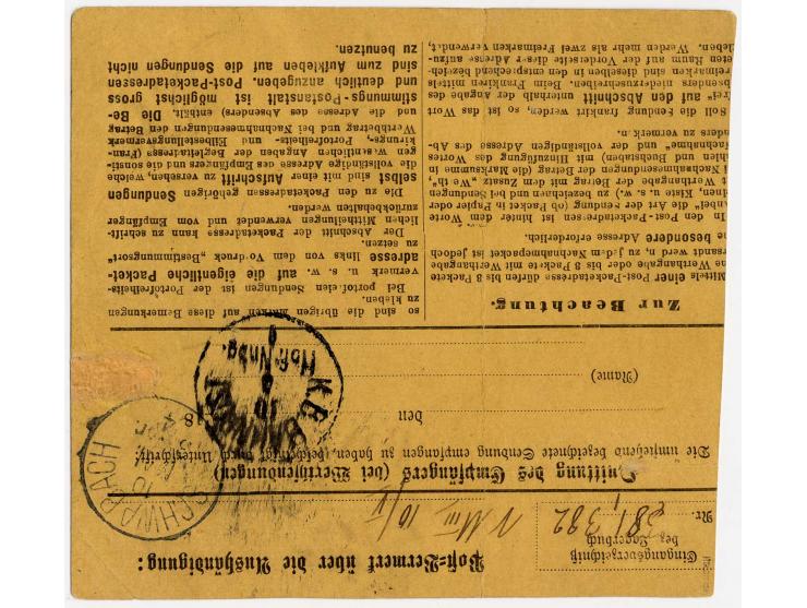 1881, 5 Pfg. violet, 20 Pfg. ultramarin und 50 Pfg. dunkelorangebraun mit EKr. "SCHWABACH 13 Mai 84" als Nachsendefrankatur a