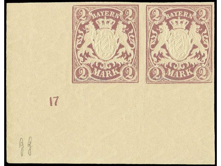 1890, Unverausgabte 2 M. bräunlichlila im ungezähnten unteren linken Eckrandpaar mit Pl.-Nr. "17", postfrisch, in dieser Form