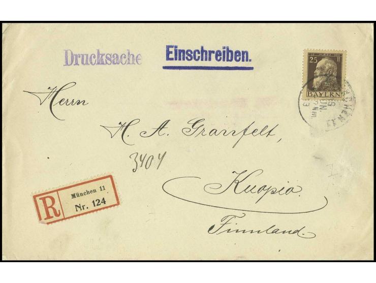 1911, Luitpold 25 Pfg. schwarzviolettbraun als portogerechte Einzelfrankatur auf eingeschriebenem Drucksachenumschlag von "MÜ