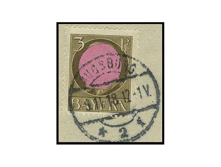 1914, Ludwig 3 Pfg. (2) und 2½ auf 2 Pfg., Königsbild ausgeschnitten bzw. mit rotem Blättchen überklebt, sogenannte Augsburge