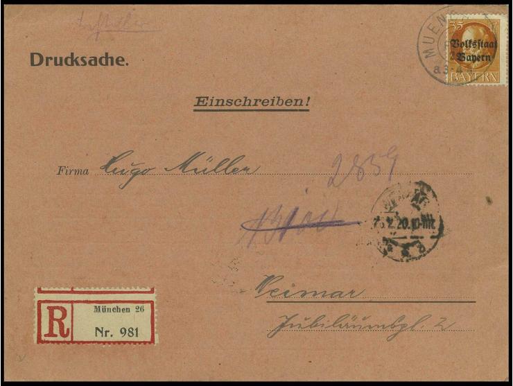 35 Pfg. als portogerechte Einzelfrankatur auf eingeschriebener Drucksachenkarte von "MUENCHEN 25.2.20" nach Weimar mit  Ankun