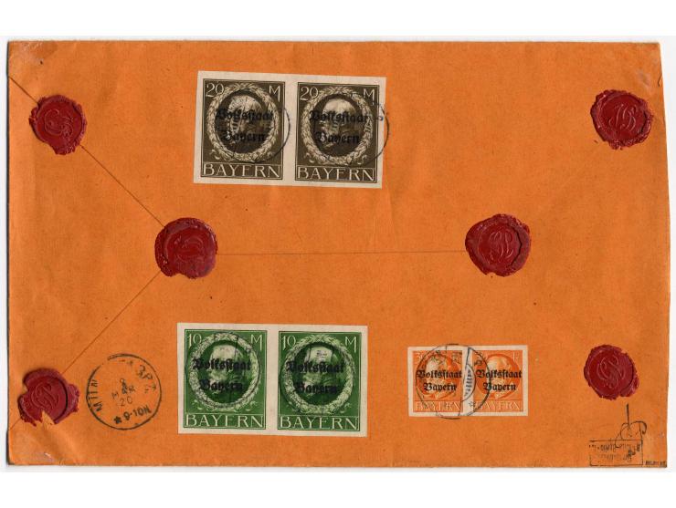 Volksstaat geschnitten 10 M., 20 M. und 30 Pfg., je im waagerechten Paar mit Stempel "PARTENKIRCHEN 18.3.20" rückseitig als p