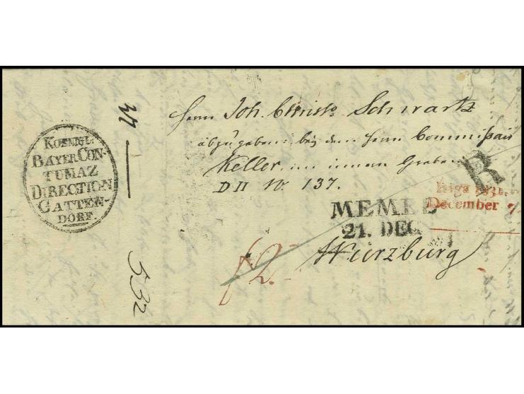 CHOLERAPOST: 1831, "KOENIGL. BAYER. CON-TUMAZ DIRECTION GATTEN-DORF", Ovalstempel klar auf komplettem Faltbrief mit rotem L2 