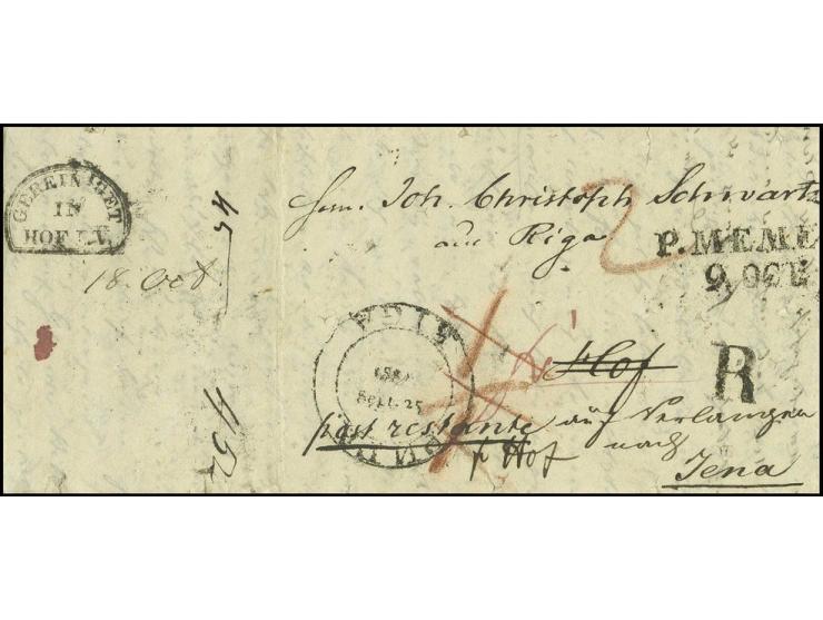  "GEREINIGT IN HOF I.V." und "KÖNIGL. PR. CONTUMAZ DIRECTION NIMMERSATT" rückseitig auf kompletten Faltbrief von "RIGA 1831 S