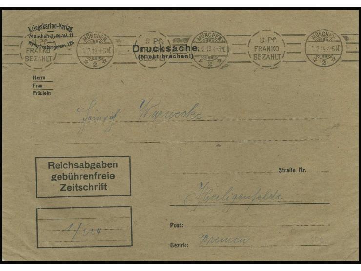 DIVERSES: 1919, "3 Pf. FRANKO BEZAHLT / MÜNCHEN 1.2.19", Postfreistempel in schwarz auf Drucksachen-Umschlag (Großformat) mit