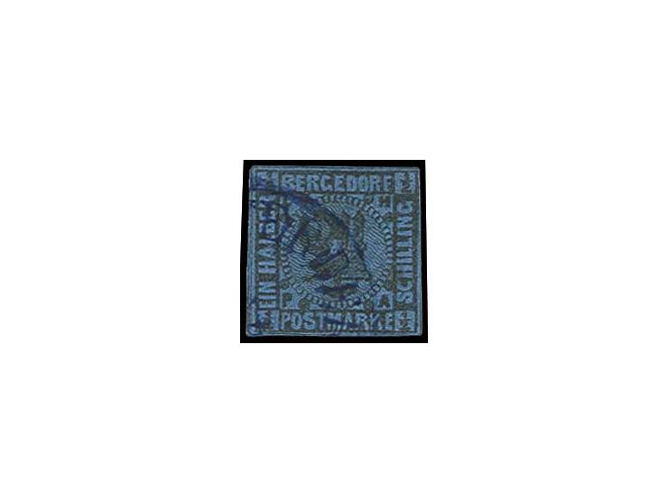 ½ Sch. dunkelblau, farbfrisch und breitandig geschnitten mit seltener Entwertung durch blauen EKr. (KIRCH)WERDER ...4", rücks
