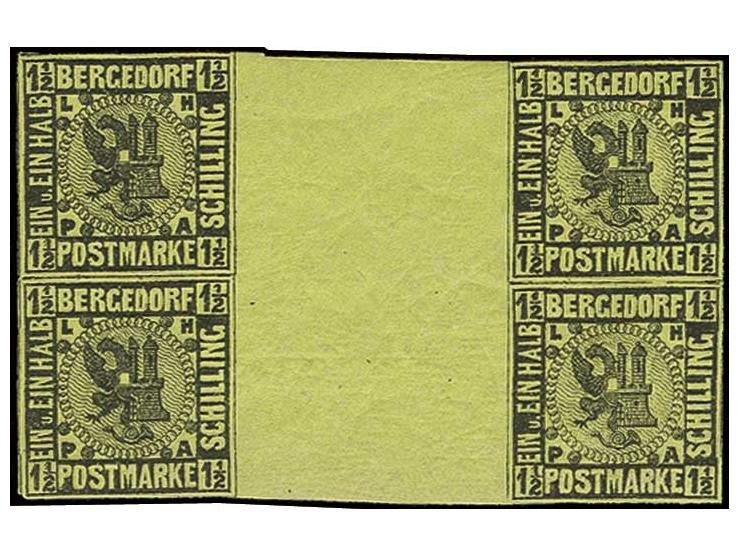 1 1/2 Sch. auf gelb im Zwischensteg-4er-Block, voll- bis breitrandig, postfrisch, Kabinett, sign. Kosack