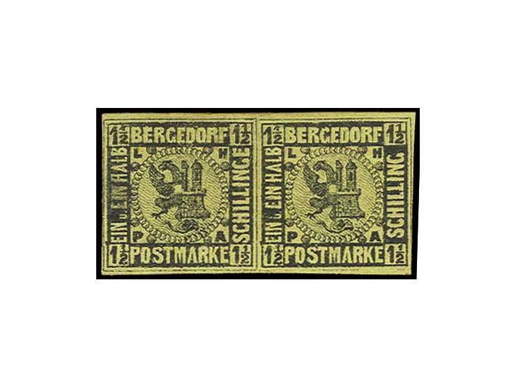 Moens'scher Korrekturabzug 1 1/2 SCHILLINGE im waagerechten Paar mit Normalmarke, ungebraucht, etwas fleckig, sign. Schlesing