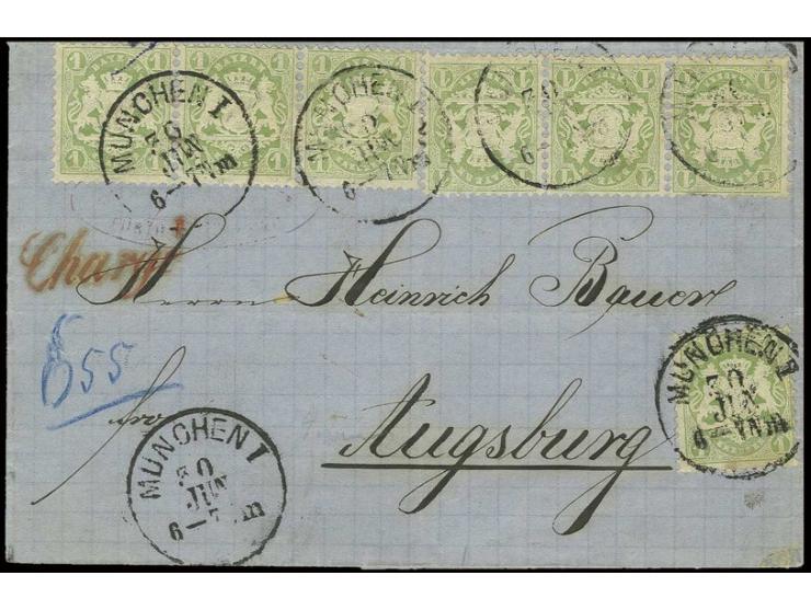 1 Kreuzer grün, zwei waagerechte 3er-Streifen und Einzelwert mit Einkreisstempel "MÜNCHEN 30 JUN" (1871) auf eingeschriebener