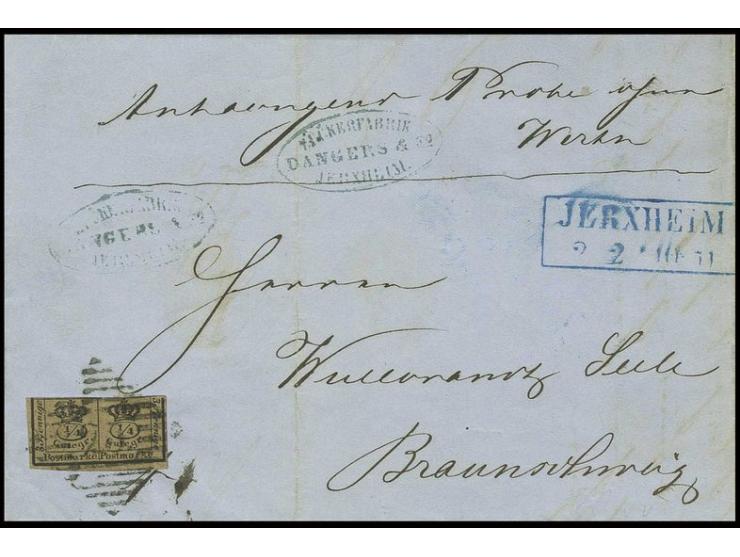 2/4 Ggr. gelbbraun mit Stempel "24" auf Warenprobe mit Aufschrift "Anhängend Probe ohne Werth" mit nebengesetztem blauem Aufg