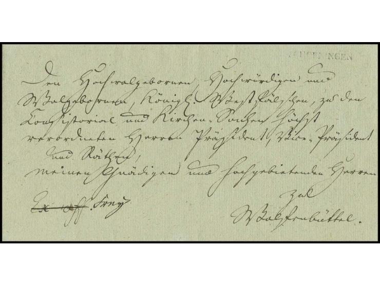 "SCHOENINGEN", kleiner L1 (29:3 mm), scharf eingeprägt auf äußerst dekorativem Faltbrief mit vollem Inhalt vom 10.6.1808 nach
