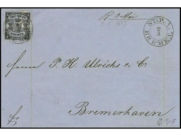 3 Grote auf blaugrau, farbtief und allseits breitrandig mit klarem DKr. "ST. P. A. BREMEN 2 5" auf Faltbriefhülle nach Bremer