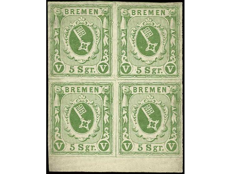 1859, 5 Sgr. grün auf gestrichenem Papier im 4er-Block vom unteren Bogenrand, postfrisch, sign. Georg Bühler mit Befund (1978