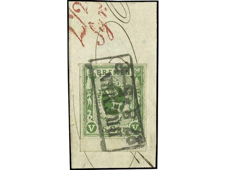 5 Sgr. dunkelgrün auf gestrichenem Papier, allseits breitrandig mit 4 mm unterem Bogenrand mit sauberem Ra2 "BREMEN 27 8" auf