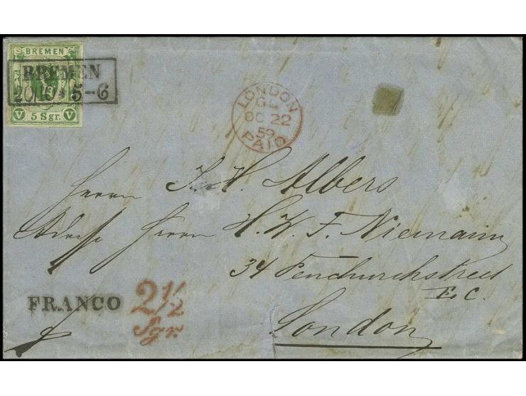 5 Sgr. grün auf gestrichenem Papier, voll- bis breitrandig mit sauberem Ra2 "BREMEN 20/10" (1859) auf Faltbrief nach London; 