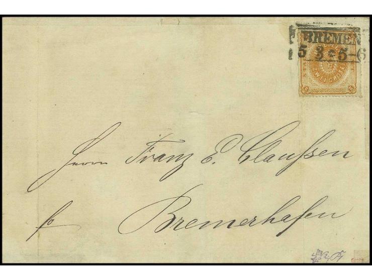 1861, durchstochen: 2 Grote orange, sehr schön farbfrisch, sauber entwertet durch Ra2 "BREMEN 5 3"  auf Briefhülle der bekann