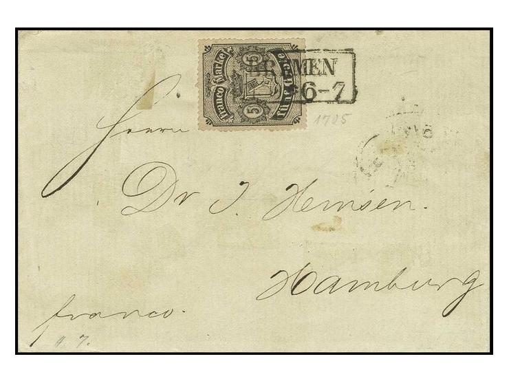 1862, 5 Grote auf mattgraubraun, farbfrisch und außergewöhnlich gut zentriert mit sauberem Ra2 "BREMEN 11 9" auf Briefhülle n