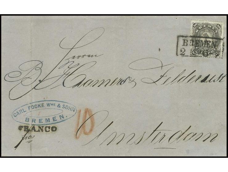 10 Grote schwarz, farbfrisch und gut durchstochen mit sauberem Ra2 "BREMEN 2 11" (1865) auf Briefhülle nach Amsterdam; der Na