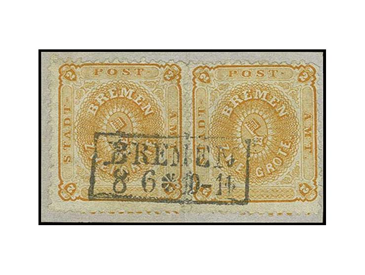 2 Grote, orange, 2 Einzelwerte als Paar geklebt mit sauberem Ra2 "BREMEN 8 6" auf Briefstück; zwischen den Marken gefaltet, d