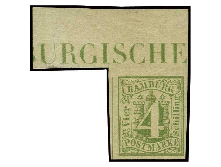 4 Sch. gelbgrün, voll- bis überrandig und farbfrisch mit breitem oberen Bogenrand mit Randinschrift 'URGISCHE', ungebraucht m