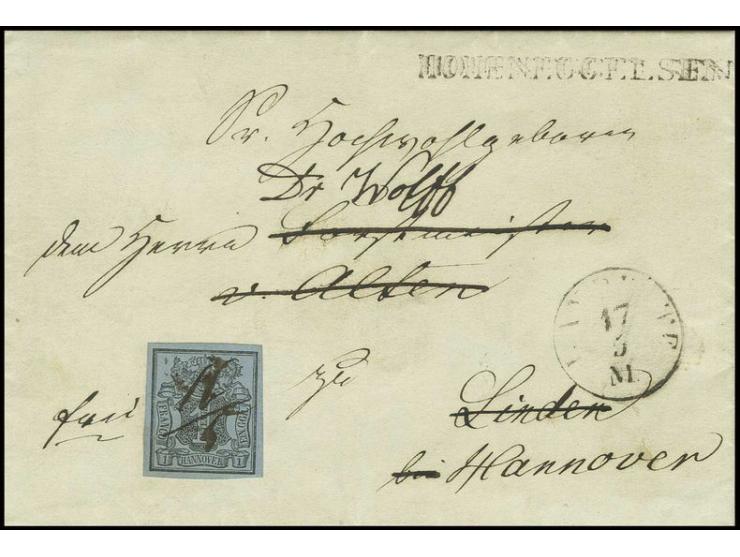 1 Ggr. auf blaugrau, farbfrisch und breitrandig mit handschriftlicher Datumsentwertung und beigesetztem schwarzen L1 "HOHENEG