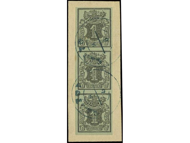 1851, 1 Ggr. auf graugrün im breitrandigen senkrechten 3er-Streifen mit 2 klaren DKr. "GARTOW" auf Briefstück, Kabinett, dopp