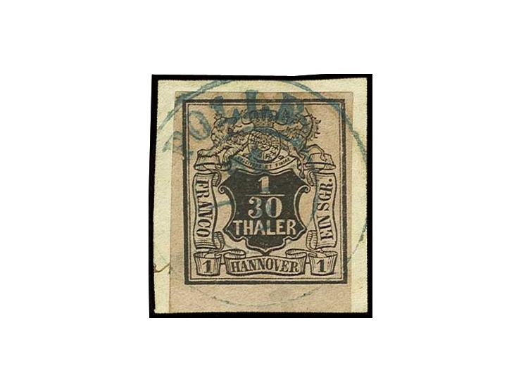 1/30 Th. auf lachsfarben, breitrandig mit über 3 mm Unterrand, farbfrisch mit gutem blauen DKr. "POLLE" auf Briefstück, Kabin