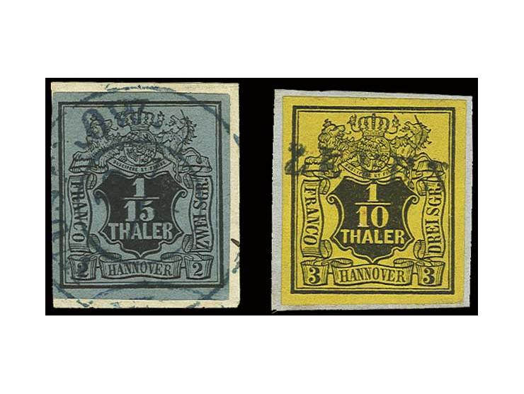 1/15 Th. auf blau und 1/10 Th. auf gelb, beide breitrandig und farbfrisch mit DKr. "WUSTROW ", bzw.  L1 "ZEVEN", auf 2 Briefs