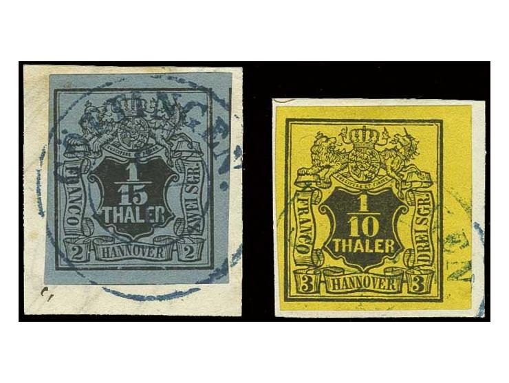 1/15 Th. auf blau und 1/10 Th. auf gelb, beide sehr schön farbfrisch und breit- bis überrandig, die 1/10 Th. vom rechten Boge