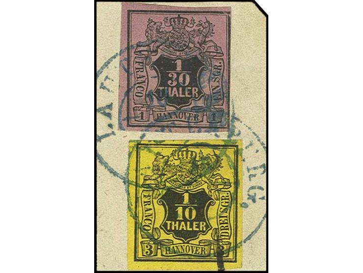1/10 Th. auf gelb, allseits breitrandig mit einseitig leicht berührter 1/30 Th. auf himbeerrot (kleiner Eckbug) mit blauem DK