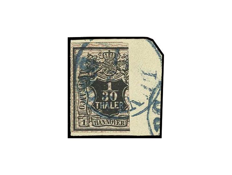 1/30 Th., rosa genetzt, im 3/4-Schnitt, übergehend entwertet mit blauem EKr. "LÜNEBURG" auf kleinem Briefstück, laut Fotobefu