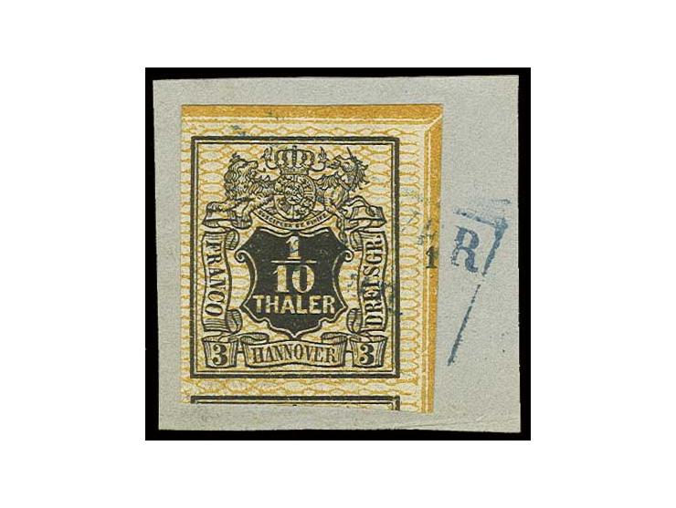 1/10 Th. schwarz, allseits breit- bis überrandige rechte obere Bogenecke mit Reihenzähler "1", mit leicht aufgesetztem Ra.3 v