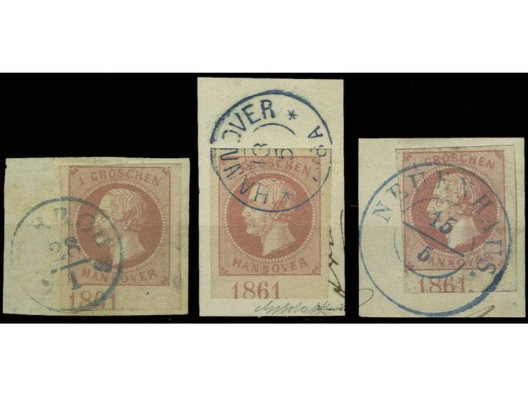 1 Gr. rosa, 3 meist voll- bis breitrandige Unterrandstücke mit jeweils Jahreszahl "1861"   in zwei verschiedenen Stellungen a