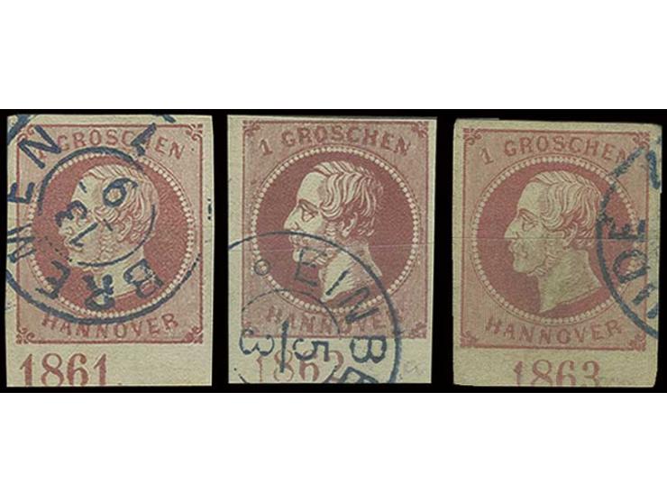 1 Gr. rosa (2, ein Wert leichte Mängel) und lilarot, jeweils Unterrandstück mit Jahreszahl "1861",  "1862" bzw. "1863", geste