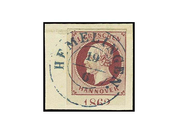 1 Gr. weinrot, rechts teils leicht angeschnittenes Unterrandstück mit nicht ganz vollständiger Jahreszahl "1862" (Stellung II