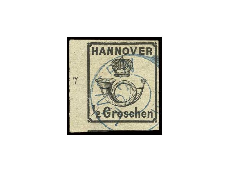 ½ Gr. schwarz, voll- bis überrandiges linkes Randstück mit Reihenzähler "7" mit klarem DKr. "LINGEN 22/4", Kabinett, sign. Di