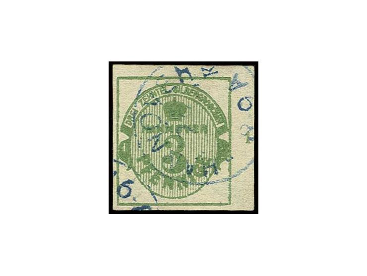 1863, 3 Pfg. grün, allseits voll- bis meist breitrandig mit rechts Bogenrand und Randnr. "1", entwertet mit EKr. "HANNOVER BK