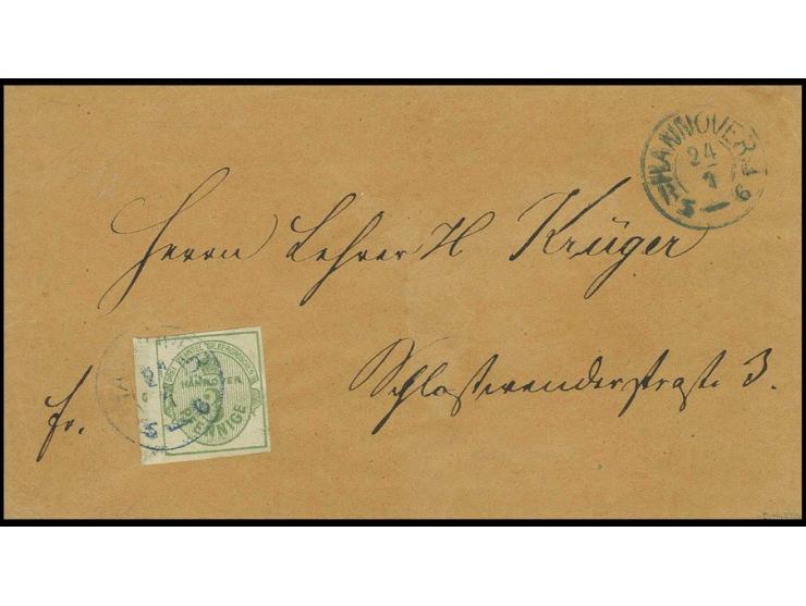 3 Pfg. grün, farbfrisch und allseits breitrandig vom linken Bogenrand mit Reihenzähler "6", mit kleinem DKr. "HANNOVER 24/1" 