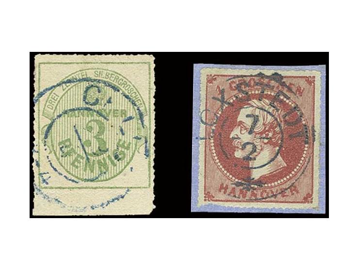 3 Pfg. grün, Unterrandstück mit DKr. von Celle sowie 1 Gr. rosa mit besserem DKr. "LOXSTEDT 7/2" auf Briefstück, sign. H. Kra
