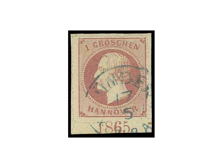 1 Gr. rosa, Unterrandstück mit Jahreszahl "1864" in Stellung IV, sauber gestempelt, sowie mit Jahreszahl "1865" in Stellung I