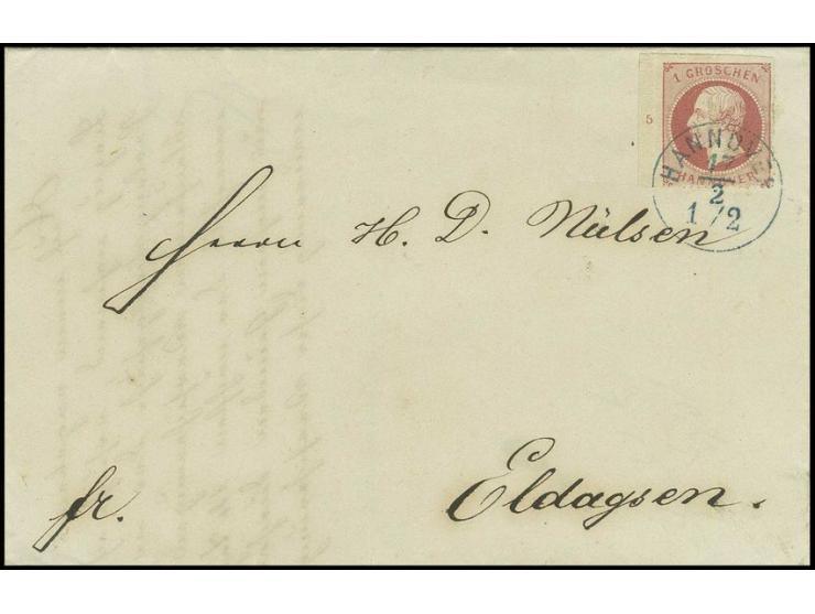 1 Gr. rotkarmin, linkes Randstück mit Reihenzähler "5" mit seltenem Stempel in erst 1866 eingeführter Sondertype "HANNOVER 17