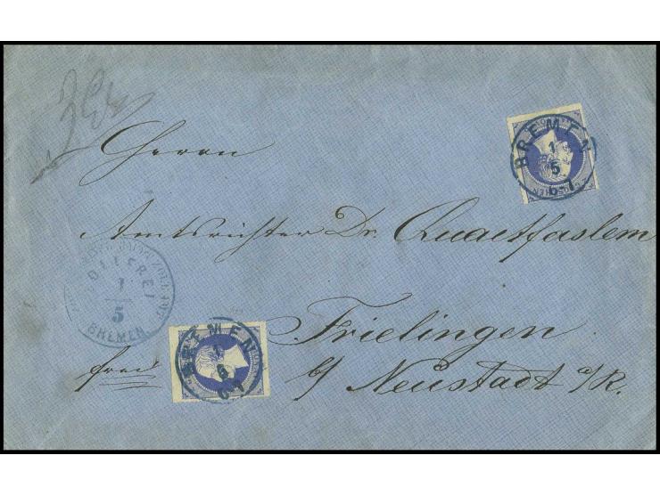 2 Gr. ultramarin, zwei farbfrische Einzelmarken je mit EKr. "BREMEN 1 5" und seltenem nebengesetzten EKr. "ZOLLFREI BREMEN 1.