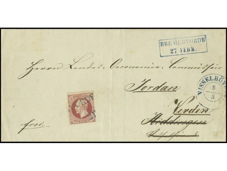 STEMPEL: "BREMERVÖRDE", deutlicher Teilabschlag des L1 in blau als Vorausentwertung auf voll- bis breitrandiger 1 Gr. rosa mi