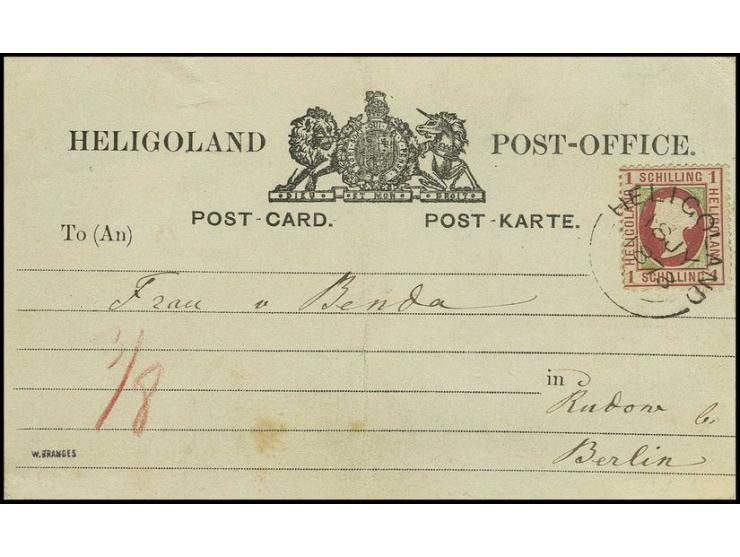 1869, 1 Sch. karmin/gelblichgrün, farbfrisch und einwandfrei gezähnt mit klarem "HELIGOLAND 18 JY 1873" auf frühem Postkarten