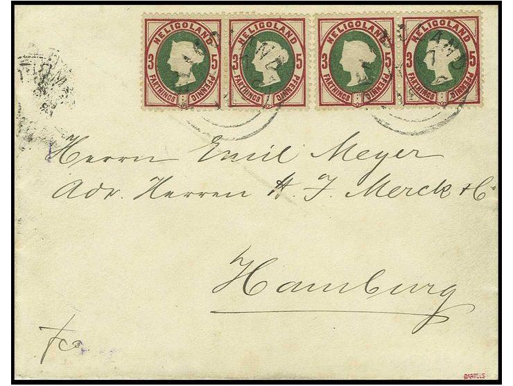 1875, 5 Pfg. lilakarmin/grün, 2 waagerechte Paare mit Rundstempel "HELIGOLAND JY 17 1889" auf Briefkuvert nach Hamburg, Prach