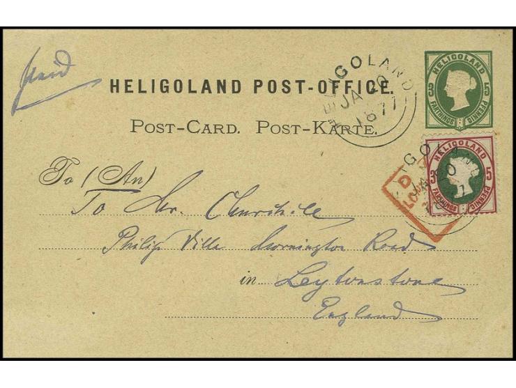 5 Pfg. lilakarmin/grün als Zufrankatur auf Ganzsachenkarte 5 Pfg. von "HELIGOLAND JA 20 1877" nach England mit auf die Marke 