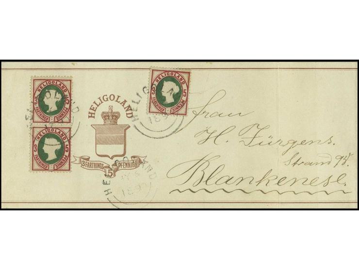 5 Pfg. lilakarmin/grün, senkrechtes Paar und Einzelmarke mit Stempel "HELIGOLAND MY 6 1890" als Zufrankatur auf Streifband 5 