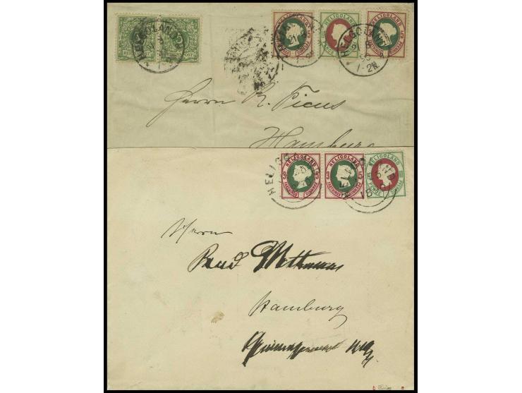 5 Pfg. lebhaft lilakarmin/grün im waagerechten Paar und 10 Pfg. bläulichgrün/karmin mit Rundstempel "HELIGOLAND JY 25 1890" a