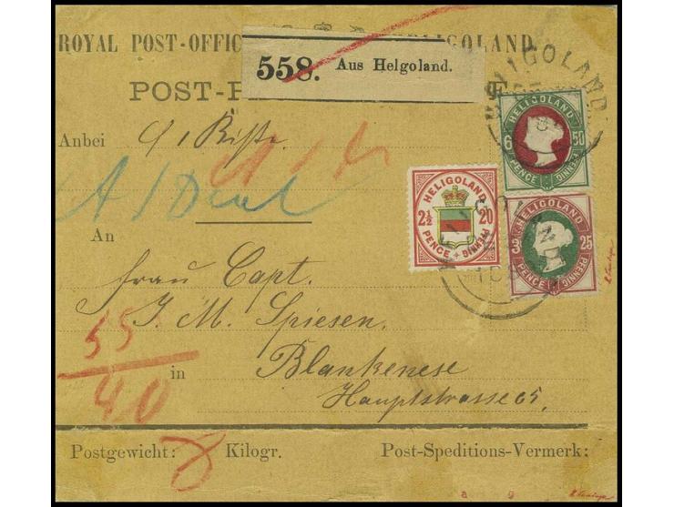 25 Pfg., 50 Pfg. grün/dunkellilakarmin und 20 Pfg. rötlichorange/hellgelb/hellgraugrün auf Paketkarte von "HELIGOLAND DE 24 8