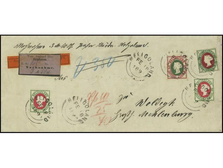 50 Pfg. grün/lilakarmin mit 5 Pfg. lilakarmin/grün und 2 Werten 10 Pfg. hellgrün/hellrot mit Rundstempel "HELIGOLAND FE 18 18